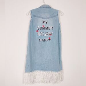 Cache Women's Medium Sleeveless Shirt Denim Dress with Fringe & Embroidery